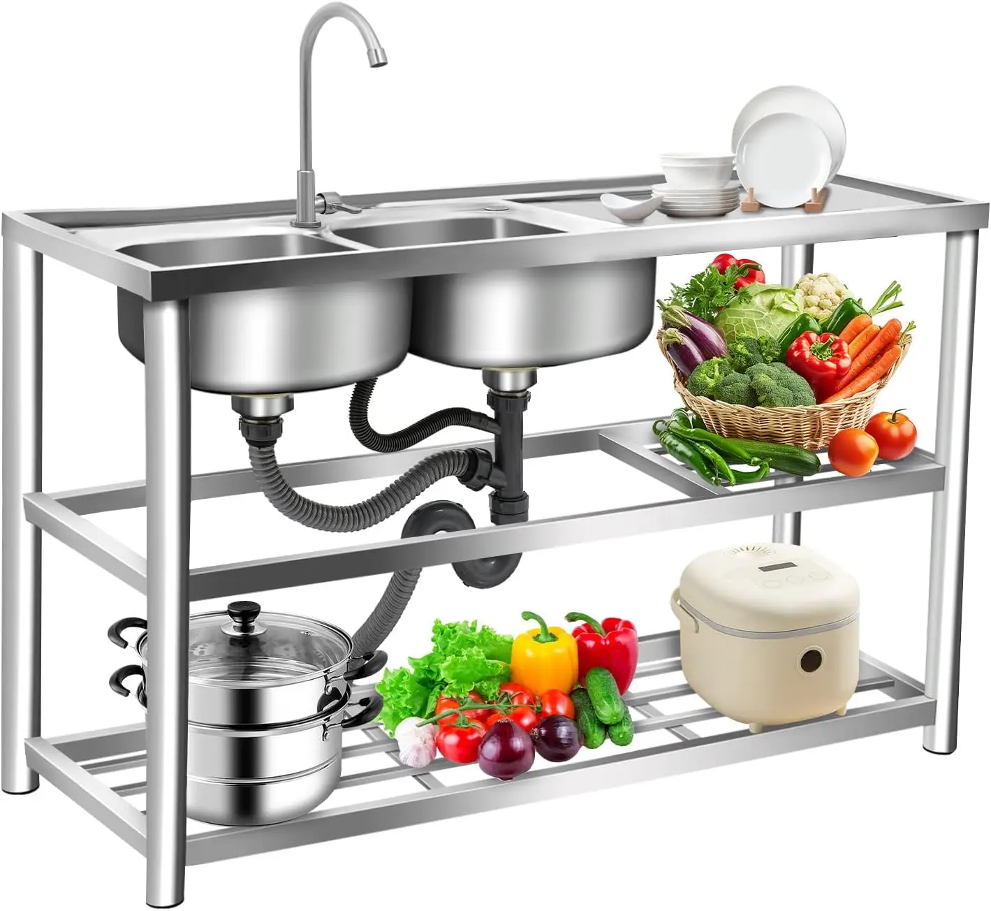Commercial Kitchen Set - 3段式自立型ステンレス製シンク、ダブルボウル業務用レストランキッチンシンクセット、屋内・屋外キッチンシンクとキャビネット