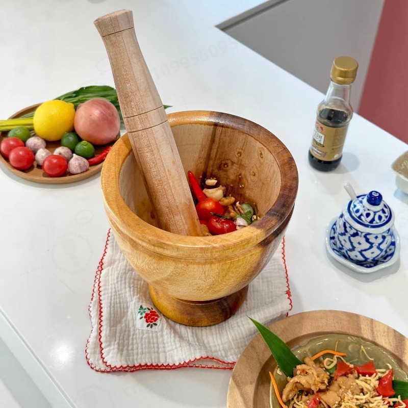 Commercial Kitchen Set - 天然アカシア木製のすり鉢とすりこぎ棒セット、家庭用・業務用ニンニクグラインダーボウル、タイのスパイスやハーブをすりつぶすためのキッチンツール