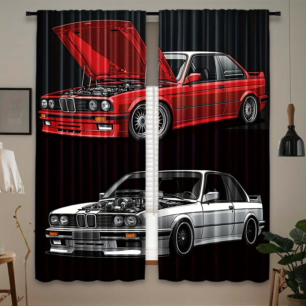 Commercial Kitchen Canopy - 2枚セット、トレンディな車のデザインのカーテン、長持ちするポリエステル製ドレープ、リビングルーム、寝室、キッチンに最適、洗濯可能