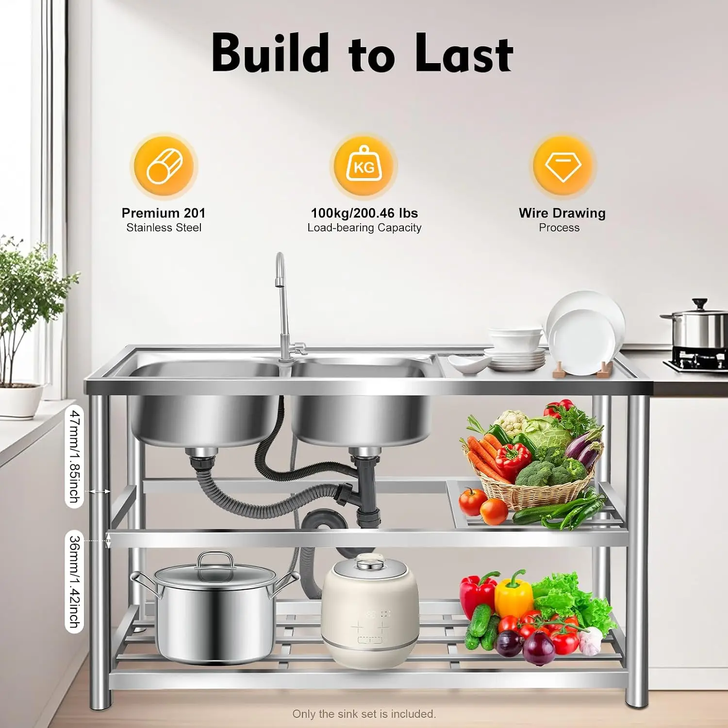 3段式自立型ステンレス製シンク、ダブルボウル業務用レストラン - Commercial Kitchen Set のレビューと価格